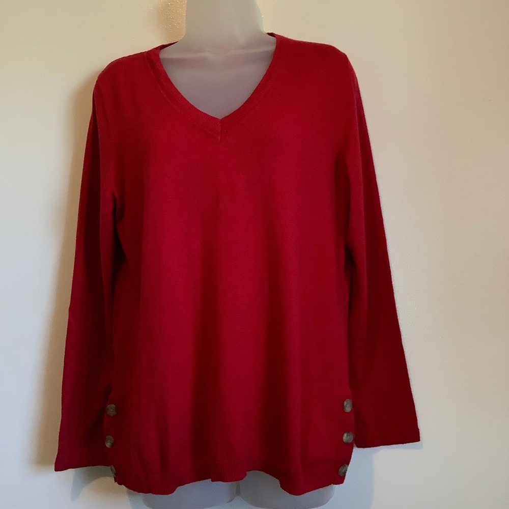 Talbots Petite Red V-Neck Sweater Button Side Detail Cotton Blend Size MP - Picture 8 of 13